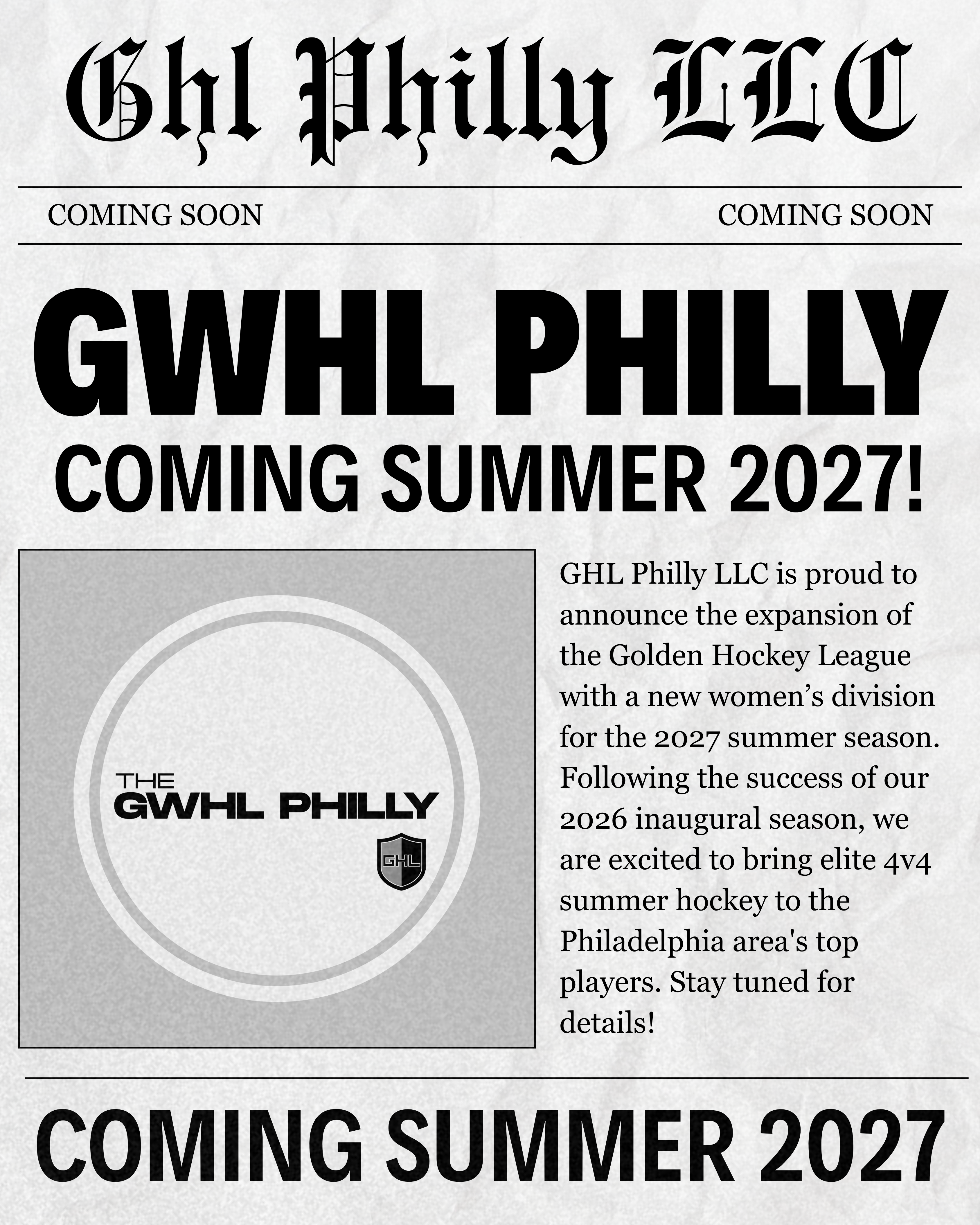 Newspaper-style announcement: GWHL Philly, the Golden Hockey League women's division, coming summer 2027