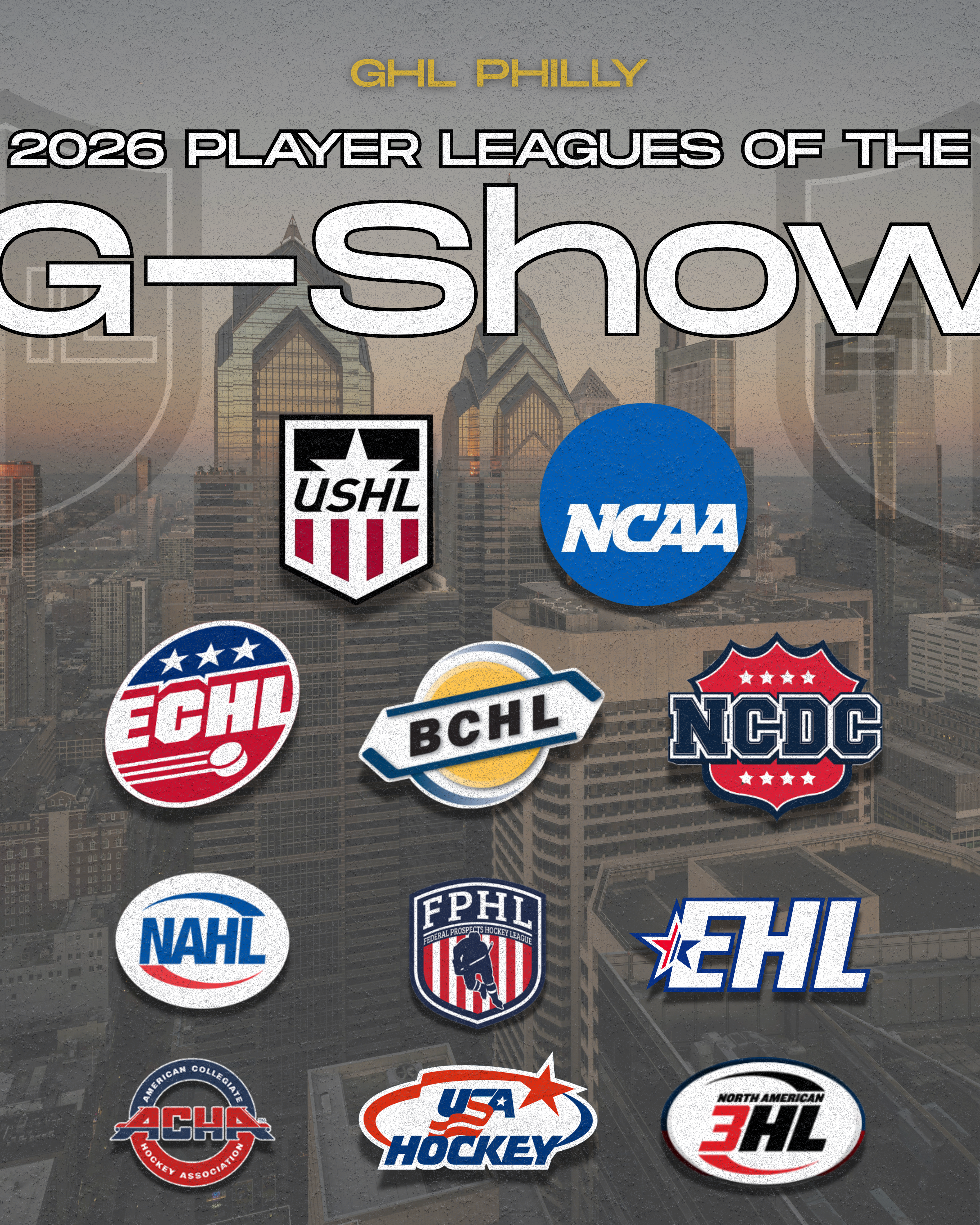 Logos of the leagues 2026 Golden Hockey League players came from, including NCAA, USHL, ECHL, BCHL, NCDC, NAHL, FPHL, EHL, ACHA, USA Hockey and NA3HL